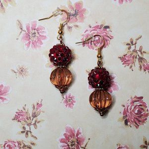 Red Glitter Crystals Ball Bead & Champagne Color Czech Crystal, Dangle Earrings.
